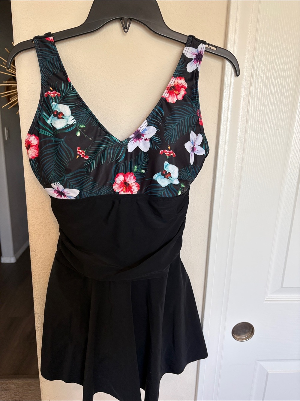 Floral V-Neck Black Swimdress